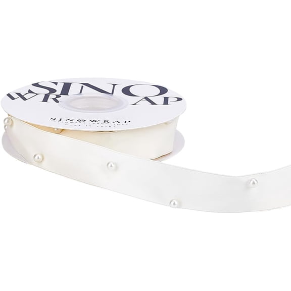 5 Yards 1 Inch White Pearl Silky Ribbons Plastic Pearls Chiffon Trim Embellished with Artificial Beads Satin Softy Ribbon