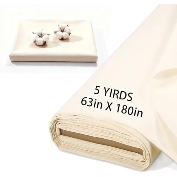 5 Yards 100% Cotton Unbleached Muslin Fabric, 63 Inch X 5 Yards by The Yard, Medium & Light Weight Draping Fabrics Suitable for Sewing, Embroidery, Garments, Apparel Cloth and Crafts Material-Natural