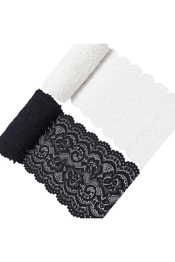 5 Yards 2 Rolls 4 Inch Wide Stretch Elastic Lace Ribbon White Black Floral Rose Pattern Trim Fabric for DIY Sewing Craft Costume Hat Hair Band Tablecloth Wedding Decoration Supplies DIY