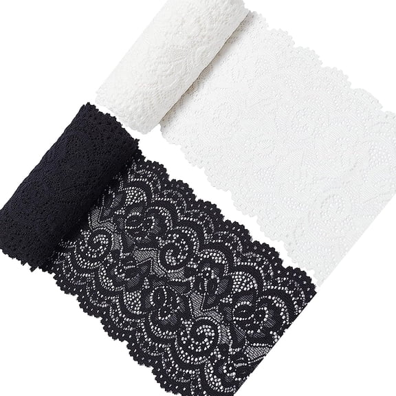 5 Yards 2 Rolls 4 Inch Wide Stretch Elastic Lace Ribbon White Black Floral Rose Pattern Trim Fabric