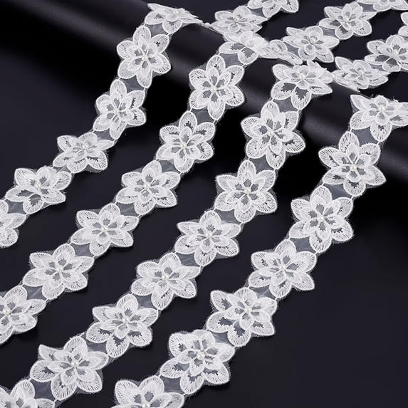 5 Yards 3D Organza Flower Trim 2-1/8 inch Wide Pearl Flower Lace Edge Trim Ribbon Fabric Vintage Floral Applique for Wedding Dress Craft Sewing Accessories