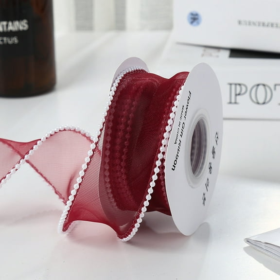 5 Yards 4cm White Faux Pearl Edge Ribbon Organza Mesh Smooth Ribbon Fishtail Sheer Transparent Ribbons Bundle Rolls with Spool for Sewing Making Crafts,Bring paper card (Wine Red)