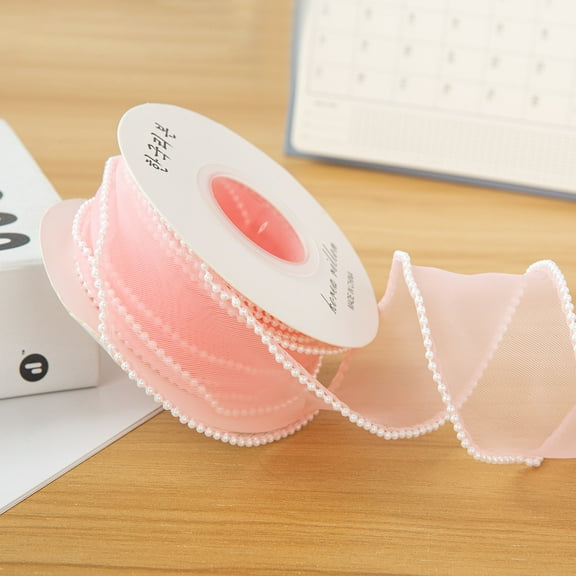 5 Yards 4cm White Faux Pearl Edge Ribbon Organza Mesh Smooth Ribbon Fishtail Sheer Transparent Ribbons Bundle Rolls with Spool for Sewing Making Crafts,Bring paper card (Korean pink)