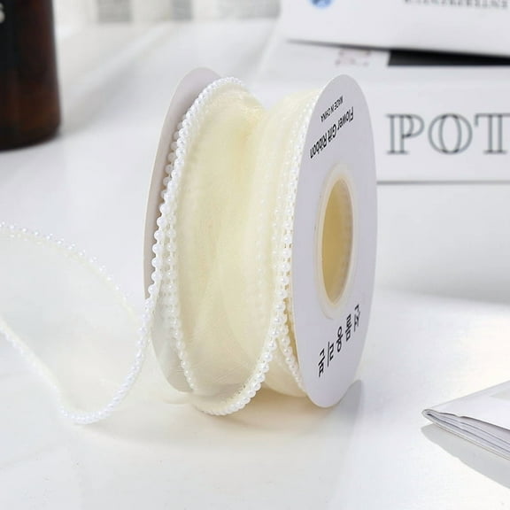 5 Yards 4cm White Faux Pearl Edge Ribbon Organza Mesh Smooth Ribbon Fishtail Sheer Transparent Ribbons Bundle Rolls with Spool for Sewing Making Crafts,Bring paper card (Cream rice)