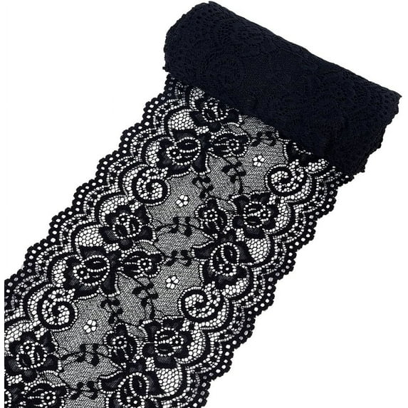5 Yards 6.25 Inch Black Lace Ribbon Roll Wide Scalloped Polyester Stretch Elastic Trim Vintage Floral Pattern Stretchy Fabric for Sewing Making Crafts Dress Costume Wedding Tablecloth Supply