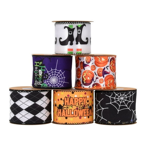 5 Yards 6 Rolls Halloween Wired Edge Ribbon 2.5 Inch Halloween Witch Bat Spider Pumpkin Ghost Wired Ribbon Halloween Wrapping Crafts Ribbon for Halloween Wreath