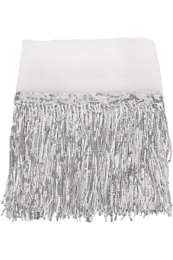 5 Yards 7.87 Inch Silver Glitter Sequin Fringe Trim Tulle Tassel Metallic Shining Beaded Spangles Versatile Fabric Ribbon for Sewing Clothing Wedding Dress Embellishment DIY Craft Supply