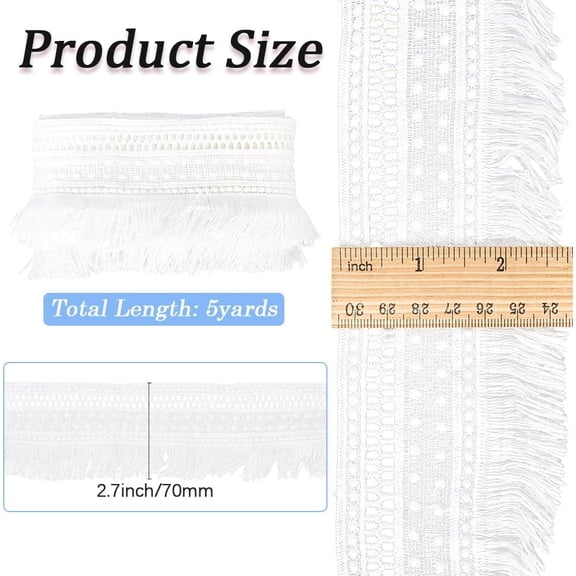 5 Yards 7cm Wide Embroidered Fringe Ribbon White Boho Fringe Tassel Trim Polyester Crochet Lace Fabric Edge Trim for Sewing Trimming Curtain Blanket Hanging Rugs Clothing Home Decor