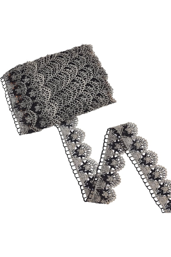 5 Yards Black Gold Lace Trim Metallic Venice Lace Ribbon Embroidery Leaves Hollow Flower Polyester Edge Trimmings Garment Fringe Decorated Gimp Woven Trims for DIY Sewing Wedding Bridal Dress