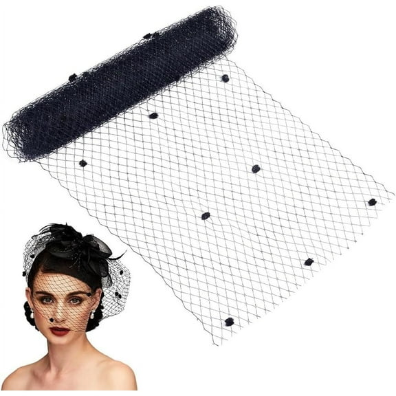 5 Yards Black Veil Neting Fabrics with Small Ball 9.8 Inch Wide Birdcage Bridal Veil Mesh French Rhombus Headband Millinery Bride Hair Headdress Hat Decoration for Women Wedding Tea Party