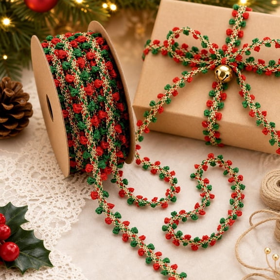 5 Yards Christmas Pom Poms Fringe Ball Trim Ribbon, Polyester Tassel Lace for Gift Wrapping, Sewing, Curtain, Pillow and DIY Crafts, Red Green Gold