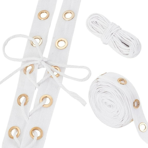 5 Yards Cotton Ribbons with Eyelet Rings with 10M Cotton String Threads for DIY Crafts White 3~25x2~3mm Cotton