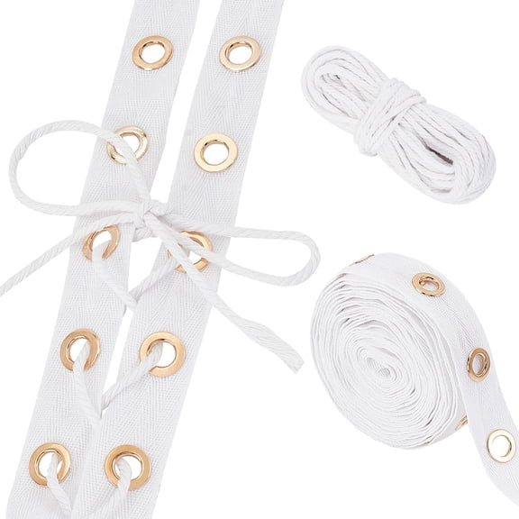 5 Yards Cotton Ribbons with Eyelet Rings with 10M Cotton String Threads for DIY Crafts White 3-25x2-3mm