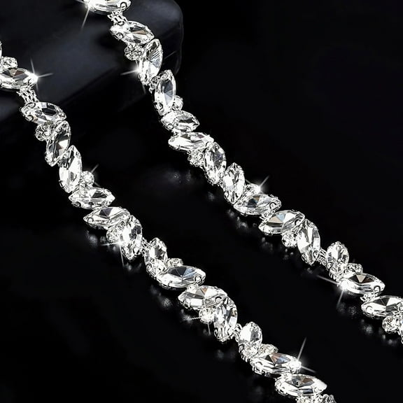 5 Yards Silver Crystal Rhinestone Chain Trim, Sparkly Glass Diamond Leaf Applique for DIY Crafts, Wedding Dress, Jewelry & Handbag Embellishment