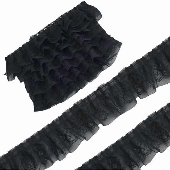 5 Yards Double Layered Fabric Lace Trim 2.2 Inch Wide Black Chiffon Ribbon Pleated Gathered Ruffle Chiffon Trim Edging Tulle Lace Trimming