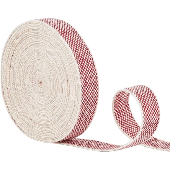 5 Yards Double Sided Cotton Tweed Blend Tape Ribbon 3/8Inch Wide Red White Tartan Grocery Style Webbing for Sewing Gift Wrapping DIY Craft Making