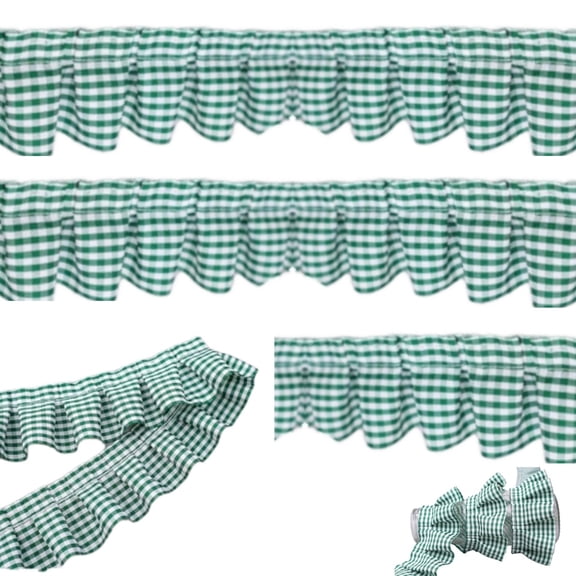 5 Yards Durable Gingham Trim,QZS Reusable Gingham Ruffle Pleated Lace Trim,Reusable Green Edge Trimming for Hats,Cuffs,DIY Craft,1pc