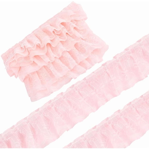 5 Yards Edging Tulle Lace Trimming Pink Pleated Chiffon Ribbon 2.2 Inch Wide Double Layered Fabric Lace Trim Gathered Ruffle Chiffon Trim