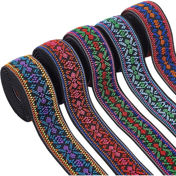 5 Yards Elastic Woven Jacquard Ribbon - 5 Colors Boho Elastic Band 1" Ethnic Ribbon for DIY DIY Craft Accessories Embellishment Decorations