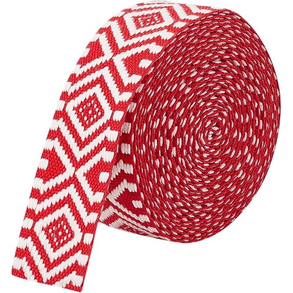 5 Yards Ethnic Polycotton Webbing 1-1/2 inch Wide Rhombus Jacquard Ribbon Vintage Craft Sewing Lace Trim for Clothing Bag Headbands Pillowcases Red