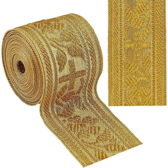 5 Yards Ethnic Polyester Jacquard Ribbon 1-1/2 Inch Wide Boho Woven Trim Vintage Embroidery Pattern Edge Fabric for Sewing Clothing Curtain Uolstery Gift Wrapping Applique Gold