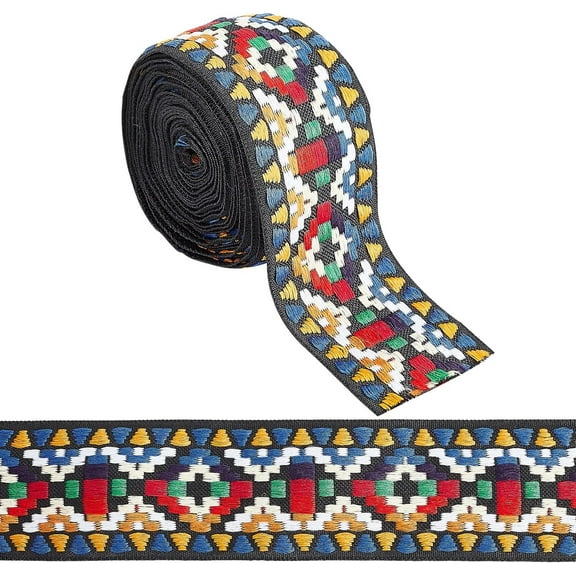 5 Yards Ethnic style Embroidery Polycotton Ribbons Jacquard Ribbon Tyrolean Ribbon Garment Accessories Rhombus Pattern Colorful 1-7/8 inch(48mm)