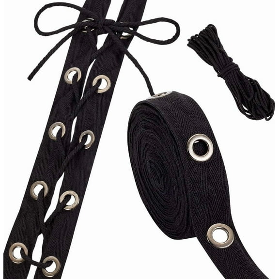 5 Yards Eyelet Grommet Tape 1 Inch Wide Black Grommet Tape with Steel Eyelets Ring Trim with 1M Cotton Threads for Sewing Garment Corset Shirt Dress Crafts Making diy