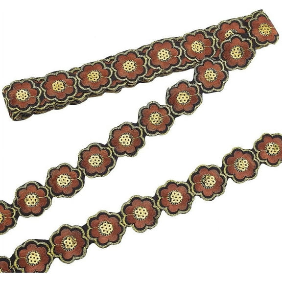 5 Yards Floral Embroidery Lace Trim 1.6 inch Ethnic Jacquard Ribbon Flower Sewing Craft Edge Trim for Costume Bags Curtain Upholstery Home Decor Saddle Brown