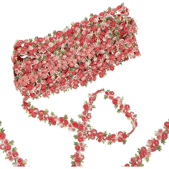 5 Yards Flower Trim Ribbon Red Flower Rose DIY Lace Applique Ribbons Sewing Floral Craft Lace Edge Trim for Wedding Dresses Embellishment DIY Party Decor Clothes Red