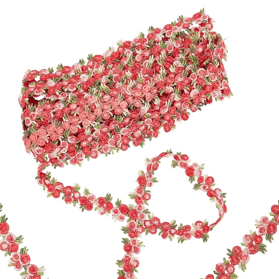 5 Yards Flower Trim Ribbon Red Flower Rose DIY Lace Applique Ribbons Sewing Floral Craft Lace Edge Trim for Wedding Dresses Embellishment