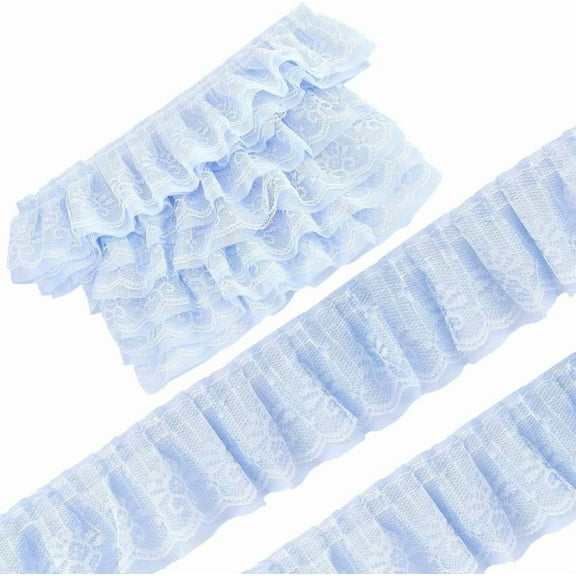 5 Yards Gathered Ruffle Blue Chiffon Trim 2.2 Inch Wide Double Layered Fabric Lace Ribbon Pleated Chiffon Trim Edging Tulle Lace Trimming for DIY Sewing Crafts Costume Embellishments