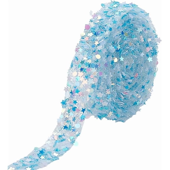 5 Yards Glitter Sequin Star Ribbon PVC Round Sequin Beaded Trim 12mm Wide Hotfix Hot Melt Adhesive on The Back Ornament Accessories for Clothes Parties Decoration DIY Crafts Sky Blue