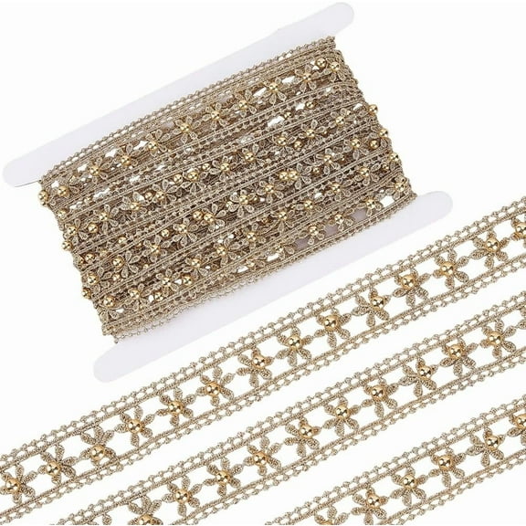 5 Yards Gold Bead Lace Ribbon 1 Inch Brown Metallic Embroidery Decorative Gimp Braid Trim Fringe Edging Trimming Flower Sewing Fabric Crochet Border for Wedding DIY Craft Clothes
