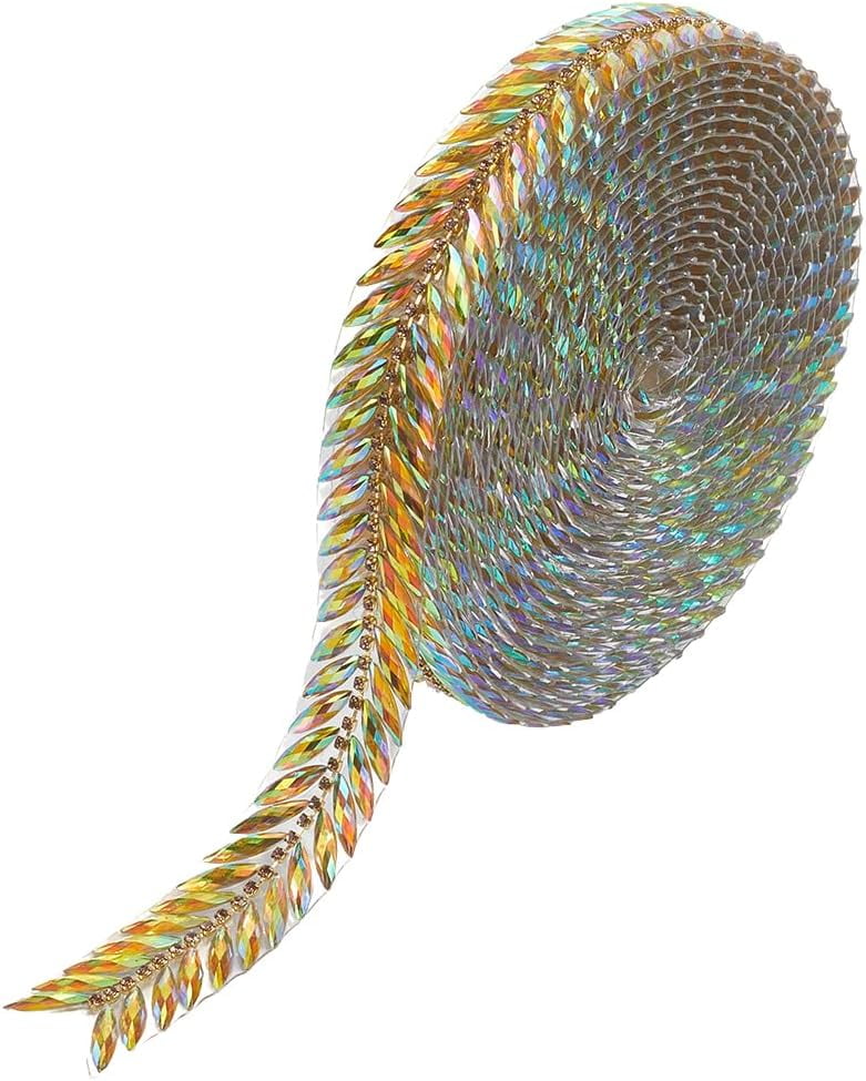 5 Yards Gold Rhinestone Hot Melt Adhesive Trim Bling Chain Strips Roll Sparkle Diamond Applique Ribbon Stickers Tape for Sewing Making Jewelry Wedding Dresses Party Decor DIY Crafts Gold