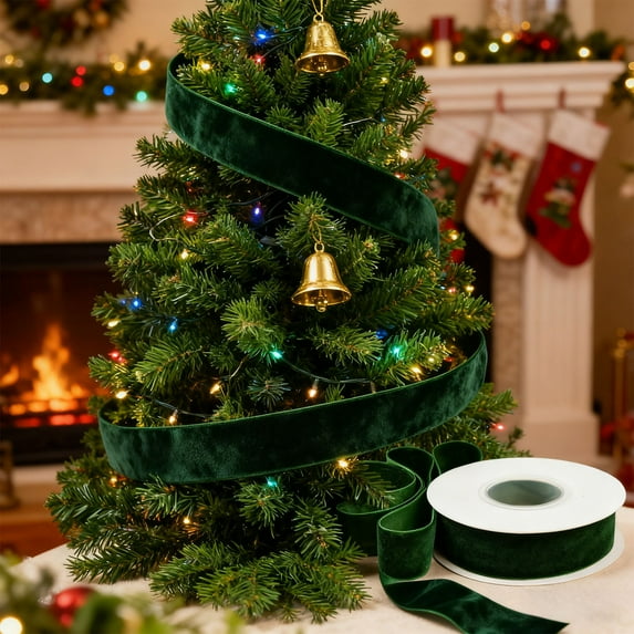 5 Yards Green Velvet Ribbon – Christmas Holiday DIY Bow Gift Wrapping Decor, Satin Flocking Ribbon for Party Table Decor Wreath Making, Soft Thick Fabric Ribbon for Craft Projects, 177.76*0.63in, D