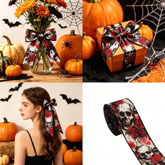 5 Yards Halloween Ribbon 2.5in Wide,Ghost Bleeding Eye Skull Rose Spooky Pattern Ribbon,Waterproof Polyester Decorative Ribbon for DIY Wreath Gift Wrapping Indoor Halloween Decorations Supplies