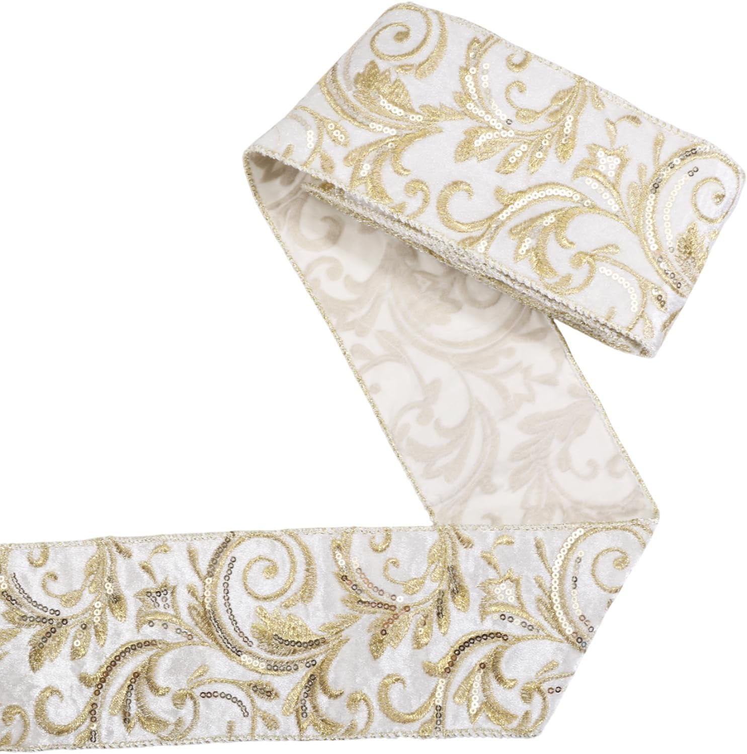 5 Yards Ivory Luxe Velvet Wired Ribbon with Embroidery Design 4 Inch ...