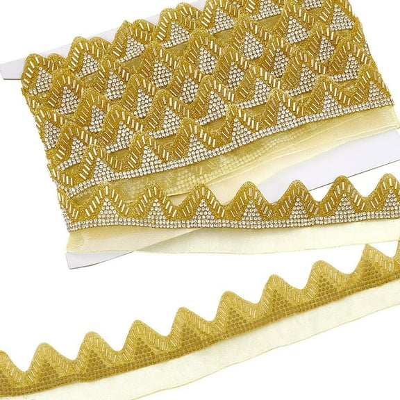 5 Yards Metallic Gold Lace Trim 1-5/8 inch Wave Rhinestone Bead Ribbon for Wedding Dresses & More