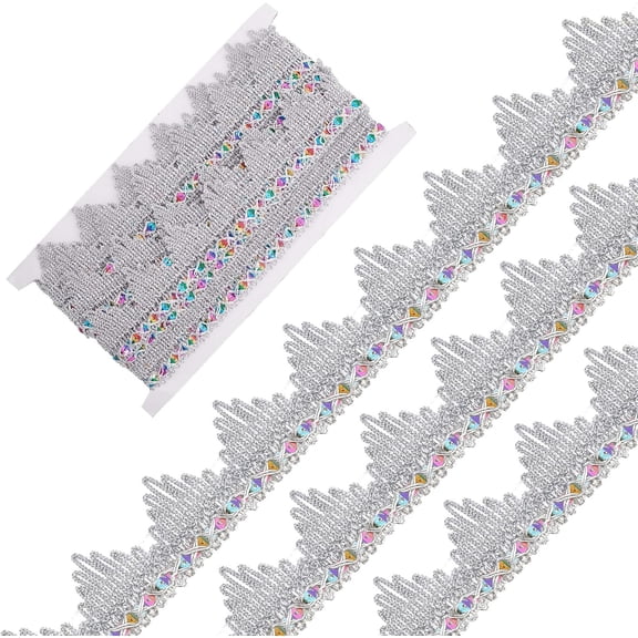 5 Yards Metallic Lace Trim 1.5 Inch Width Gimp Braid Fringe Silver Embroidery Venice Ribbon Edge with Sequins Triangle Craft Sewing Garment Accessory for Wedding Costume Clothing Decor