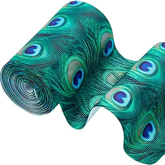 5 Yards Peacock Feathers Print Wired Ribbon 2.95 Inch Wide Decorative Ribbons for Making Bows Gift Wrapping DIY Wreath Garland Christmas Thanksgiving Easter Wedding Decorations