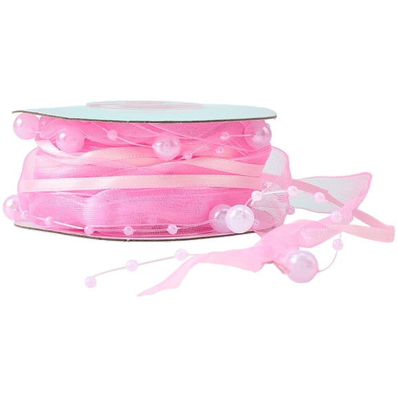 5 Yards Pink Pearl Beaded Ribbon Imitation Pearls String Valentines Ribbons Organza Lace Braid Romantic Trim DIY