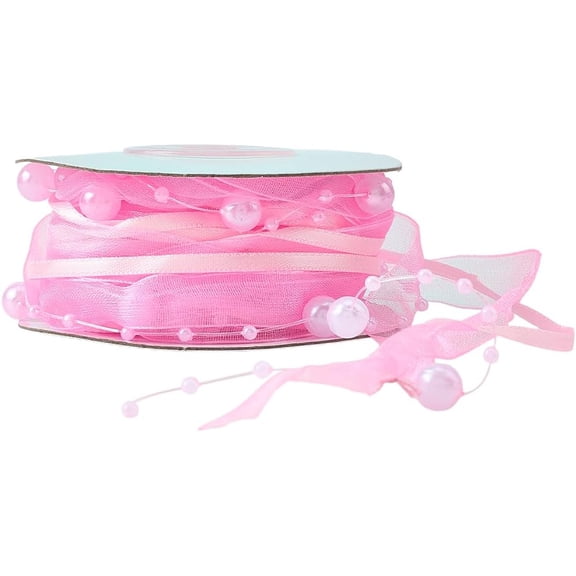 5 Yards Pink Pearl Beaded Ribbon Imitation Pearls String Valentines Ribbons Organza Lace Braid Romantic Trim