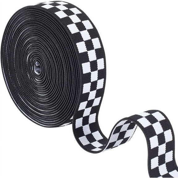 5 Yards Polyester Elastic 1 Inch Wide Plaid Pattern Elastic Black and White Checkered Jacquard Elastic for Curtain Decoration Clothing and DIY Crafts 1.3mm Thick Black