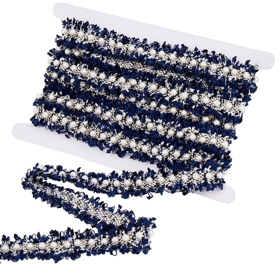 5 Yards Polyester Lace Trim Ribbon for Curtain Sofa Decoration with Plastic Beads Dark Blue 1-1/8 inch(30mm)