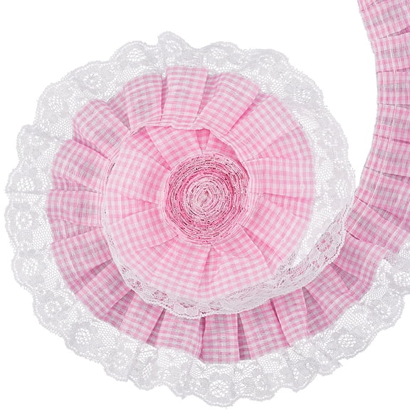 5 Yards Polyester Tartan Printed Ribbon Ruffled Ribbon Pink 2-1/2 inch(63mm)