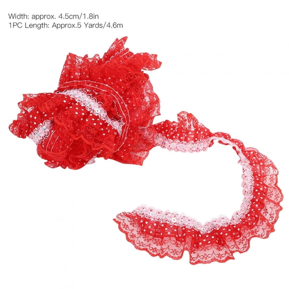 5 Yards Red 45mm Polyester Silk Pleated Lace Trim Ribbon with Printing Dots and Sequins for DIY Crafts and Sewing