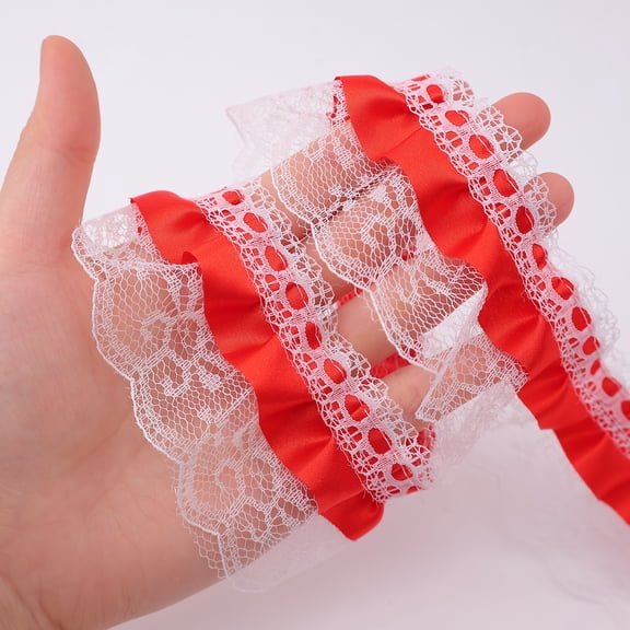 IDONGCAI Red Lace Ruffle 3-Layer Ruffles Edge Trims Satin Pleated Lace Trim 5 Yards for Sewing Costumes Bridal Wedding DIY Crafts