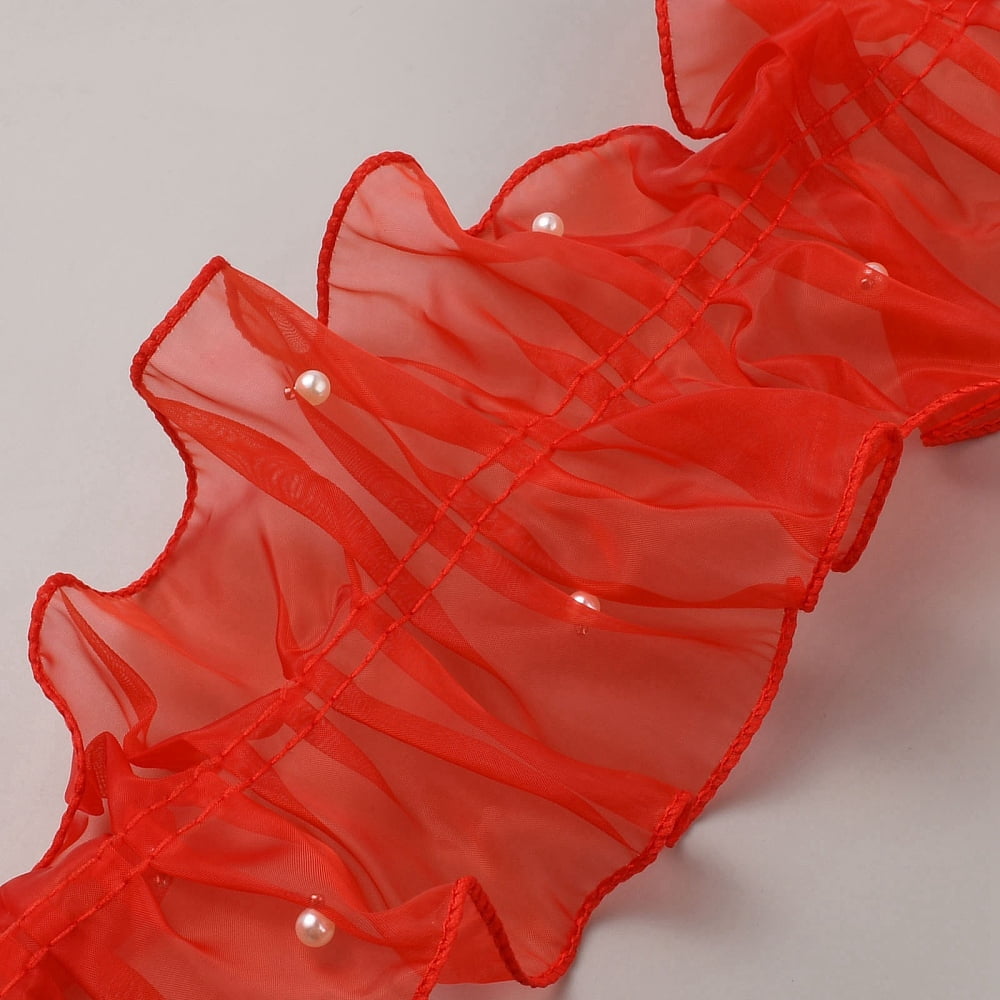 Red Ribbon Ruffle Trim 5 Yards Red Lace Ribbon Organza Fabric Ruffle Pleated Trim 4.72 Inch ...