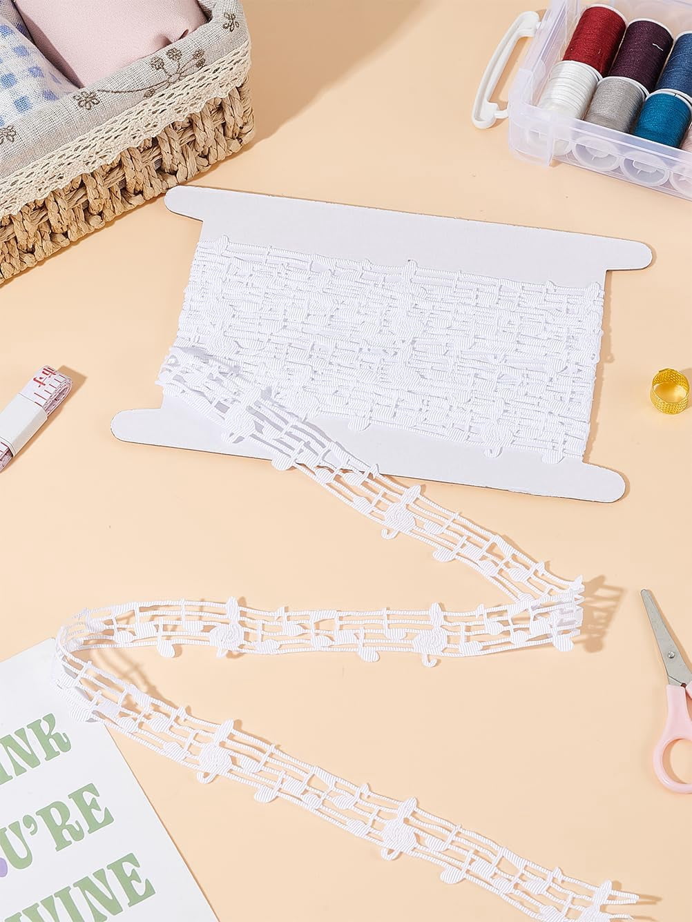Note With A Ribbon 5 Yards Ribbon Musical Note Pattern Solid Grosgrain Ribbon White Fabric ...