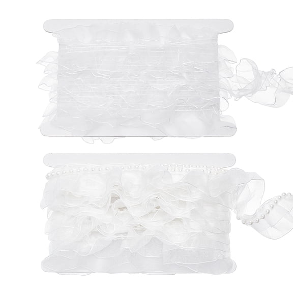 5 Yards Satin Chiffon Double Ruffled Lace Trim with 5M Ruffled Organza Ribbon with Imitation Pearl Resin Beads Garment Accessories White